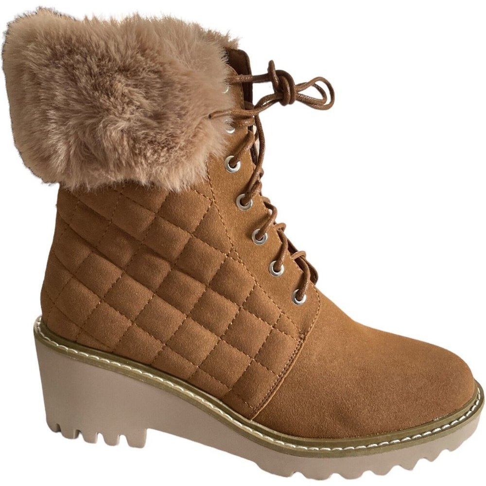 Women’s Boots NICOLE MILLER Faux Fur Cuff Wedge Bootie Latte Size 9